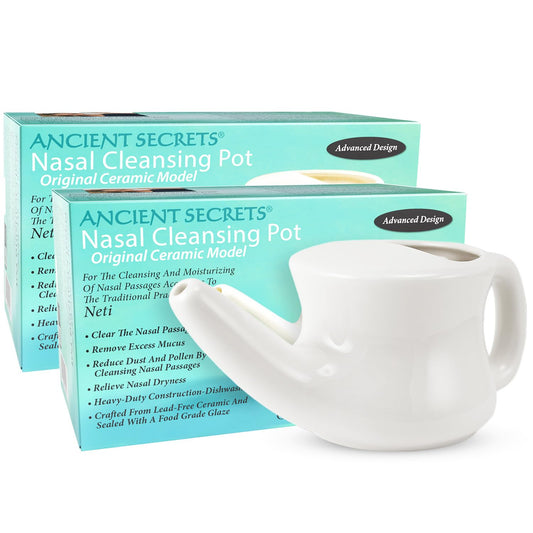 ANCIENT SECRETS Neti Pot ceramic body for leak-free nasal irrigation.