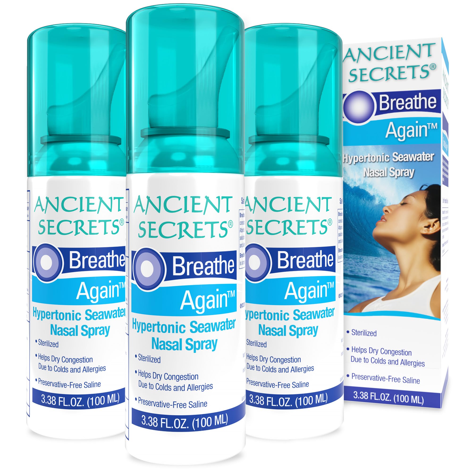 ANCIENT SECRETS saline nasal spray bottle for gentle nasal hydration.