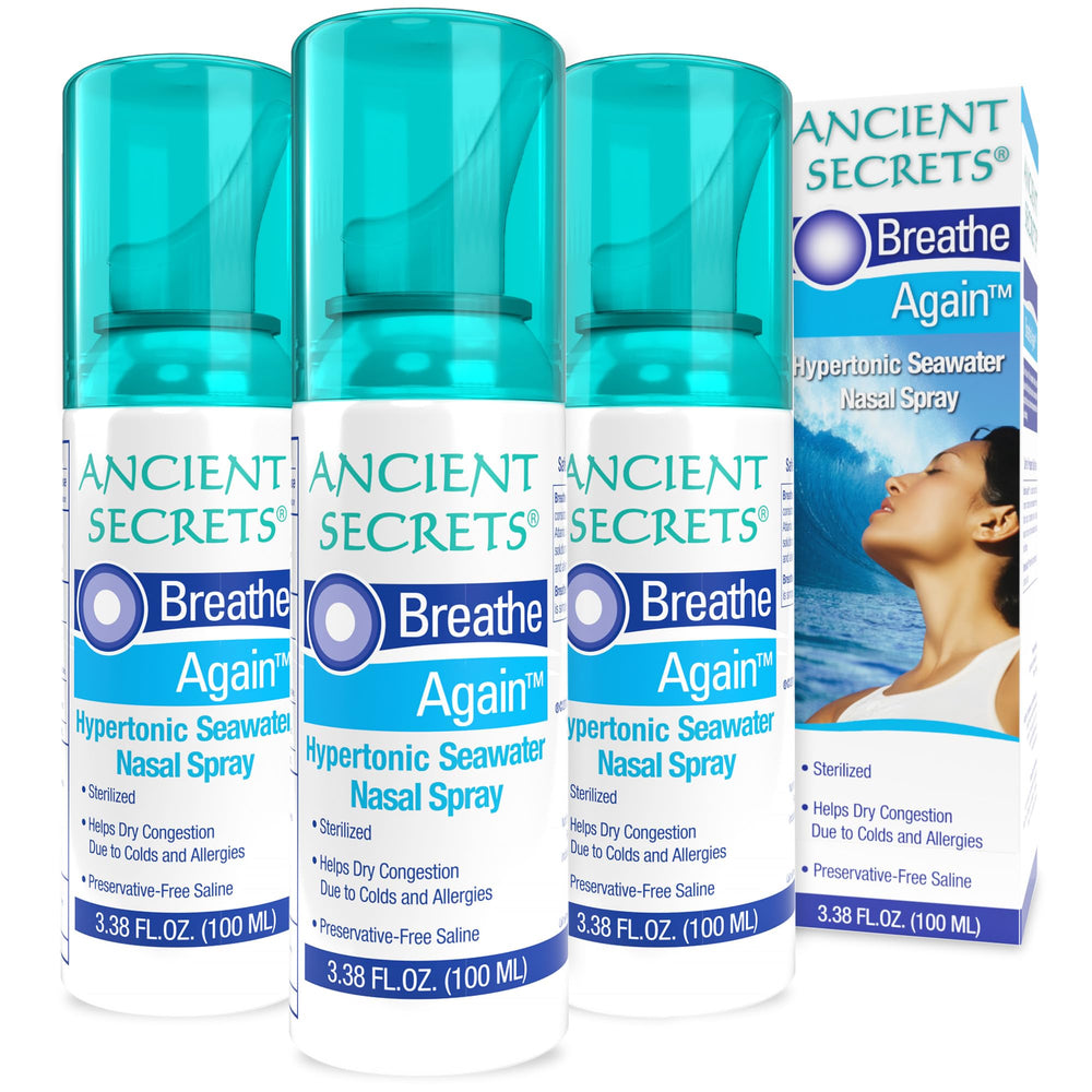 ANCIENT SECRETS saline nasal spray bottle for gentle nasal hydration.