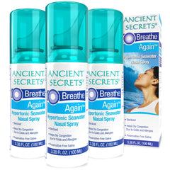 ANCIENT SECRETS saline nasal spray bottle for gentle nasal hydration.