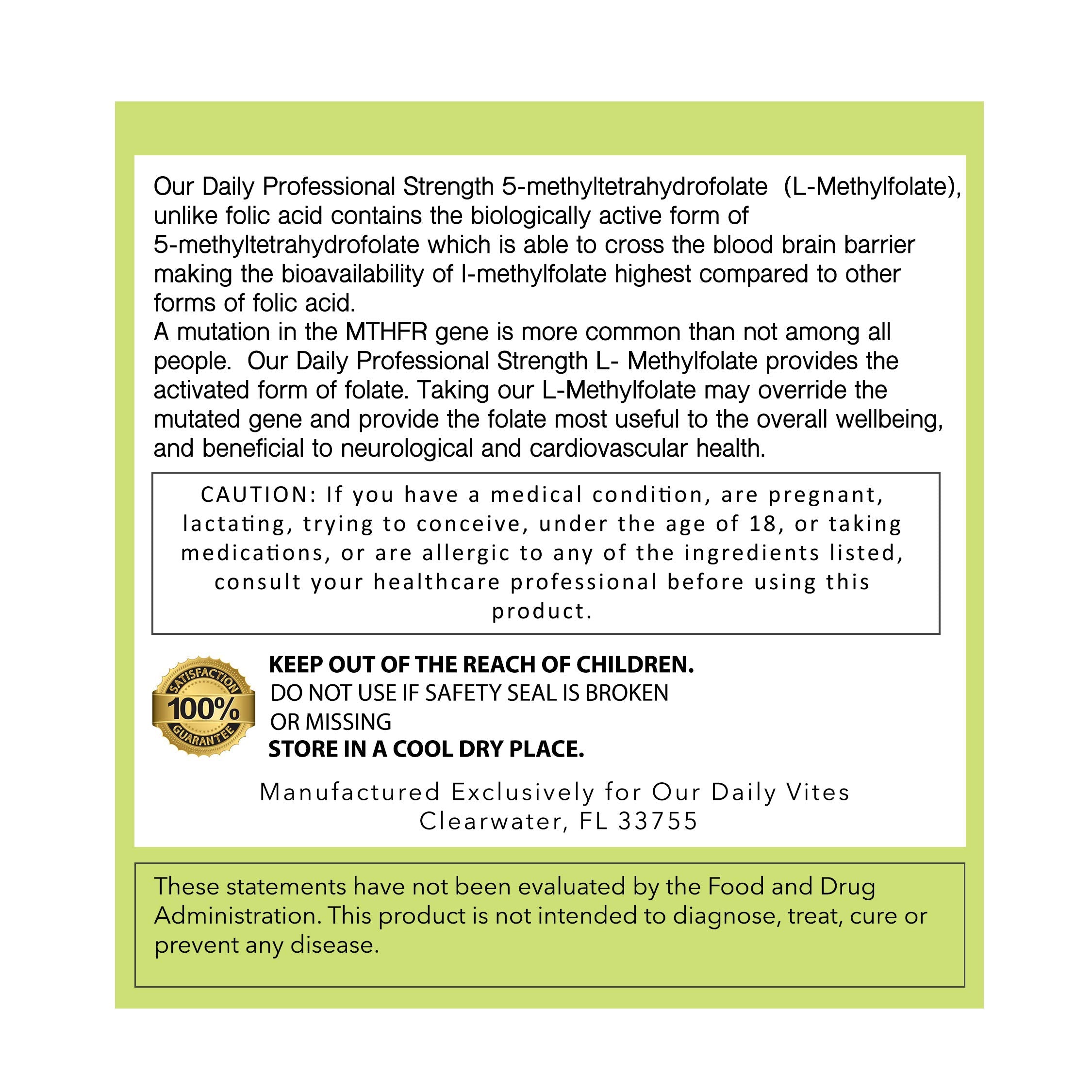 Our Daily Vites L-Methylfolate ingredient label shows vegan-friendly, non-GMO formula.