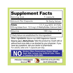 Our Daily Vites L-Methylfolate label close-up confirms 90-count vegan folate supplement.