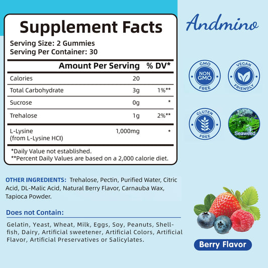 Andmino L-Lysine Gummies close-up texture for a pleasant chew today.