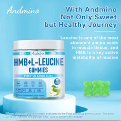 Andmino HMB and L-Leucine Gummies ingredients list highlights vegan, non-GMO formula.