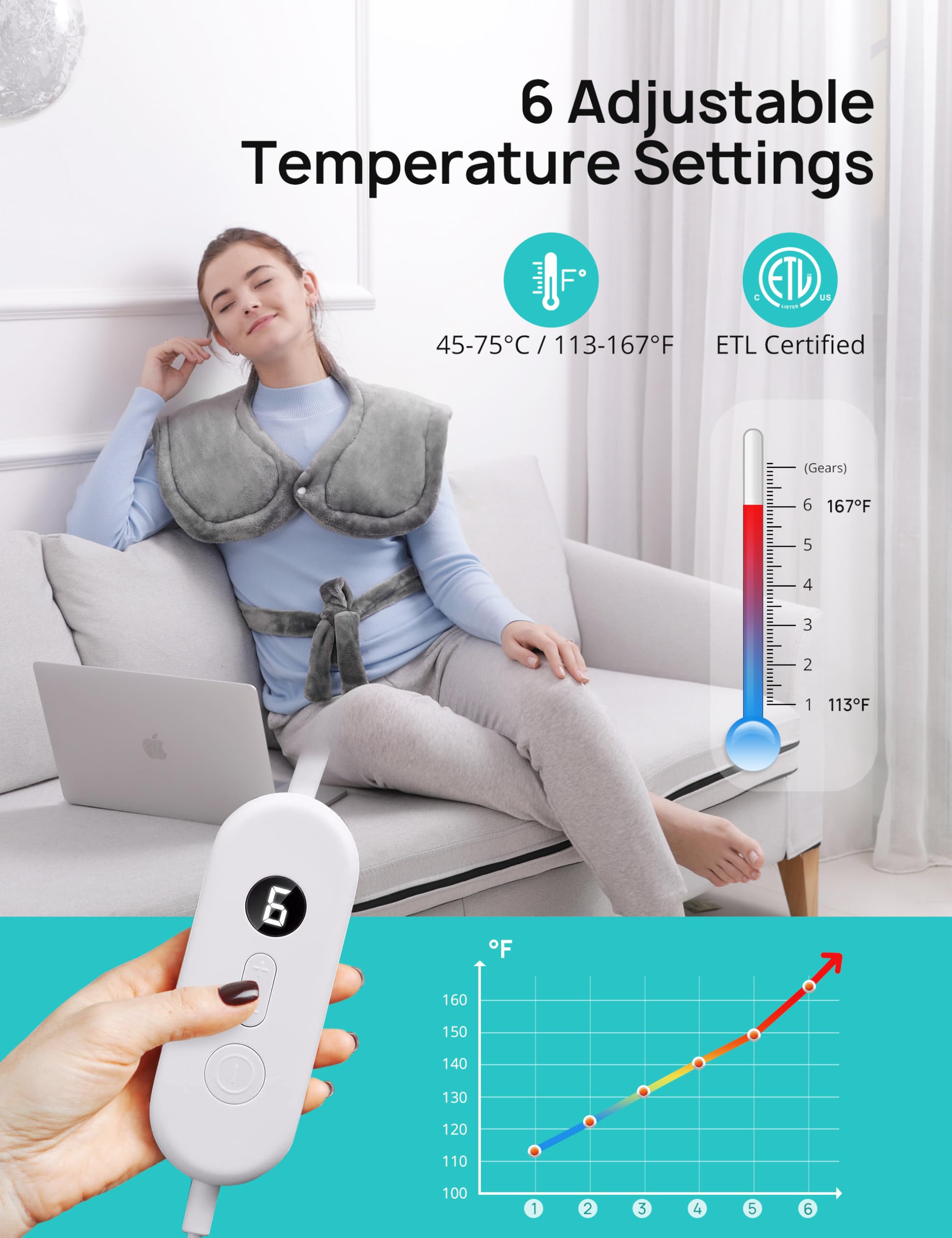 Andola heating pad delivers fast heating with safe operation and timer.