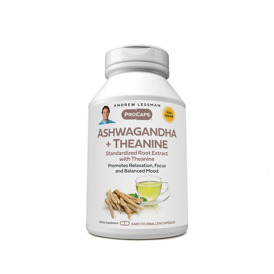 Andrew Lessman Ashwagandha Theanine 180 capsules bottle supports daily relaxation and focused calm.