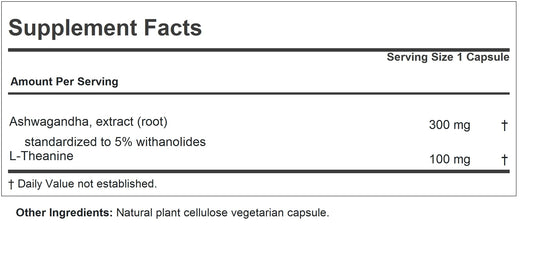 Andrew Lessman Ashwagandha Theanine 180 capsules closeup label highlights allergen-free, pure formula.