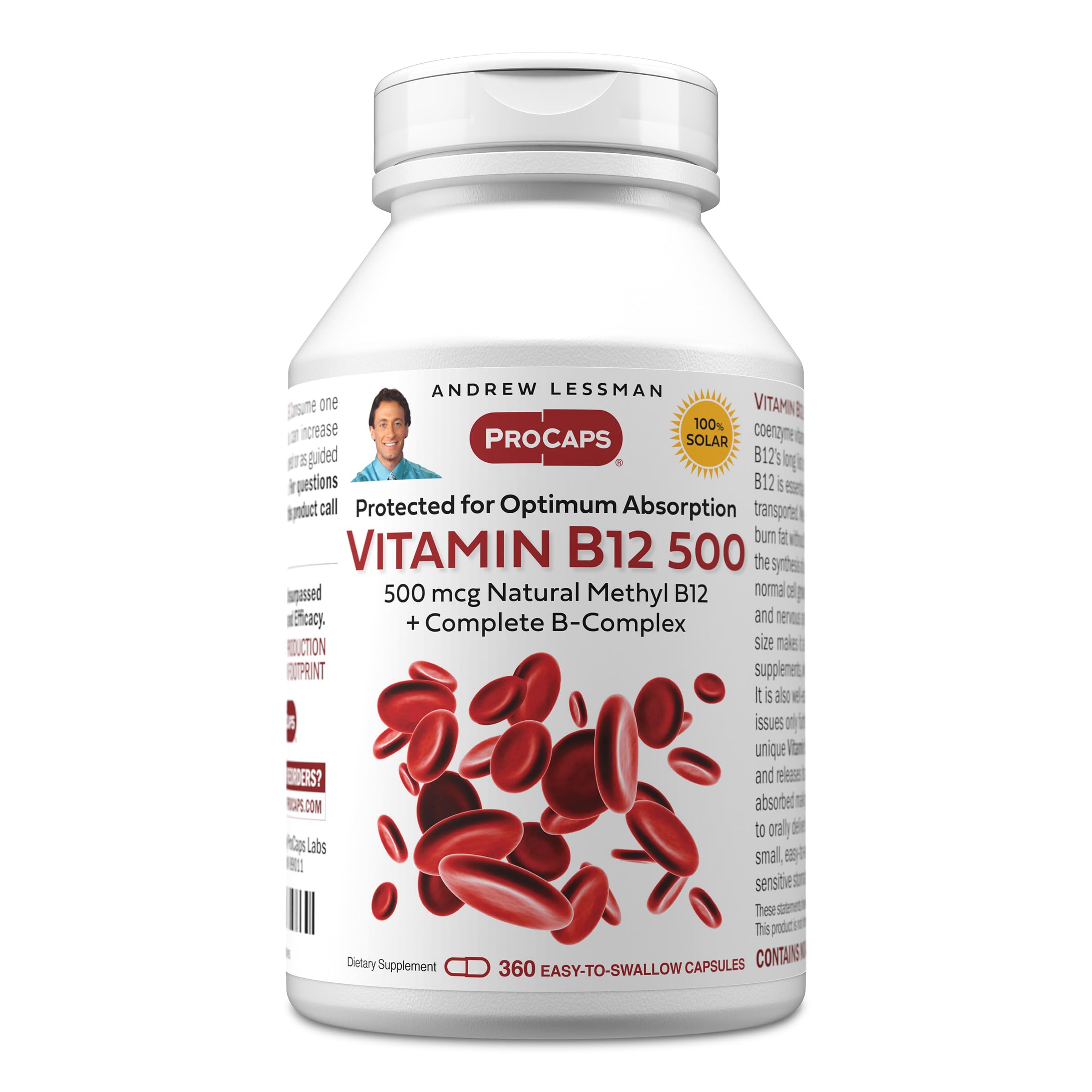 Andrew Lessman B12 absorption-protected bottle close-up highlighting methylcobalamin.