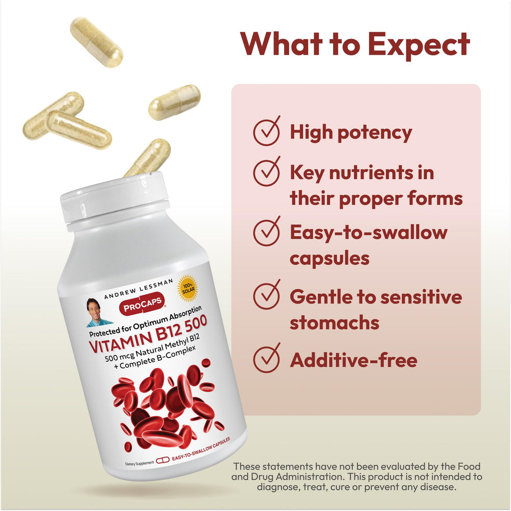 ANDREW LESSMAN B12 ingredients panel featuring methylcobalamin and co-nutrients
