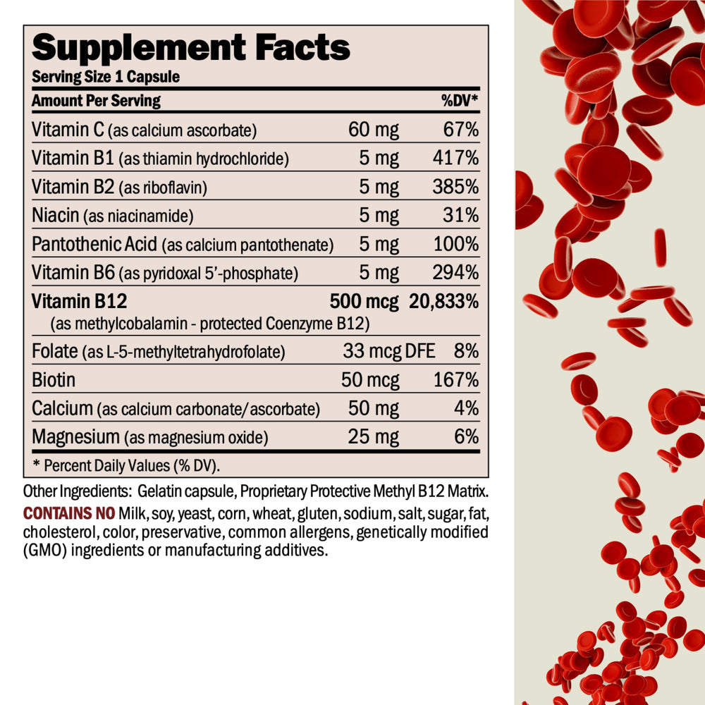 Andrew Lessman B12 methylcobalamin capsules close-up, easy-to-swallow.