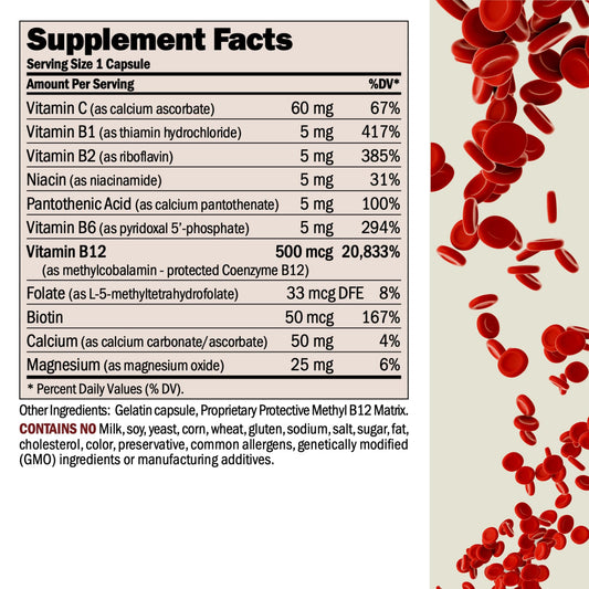 Andrew Lessman B12 methylcobalamin capsules close-up, easy-to-swallow.