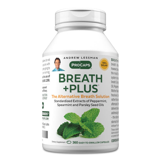 Andrew Lessman Breath Plus 360 softgels bottle front with easy-to-swallow design for daily use