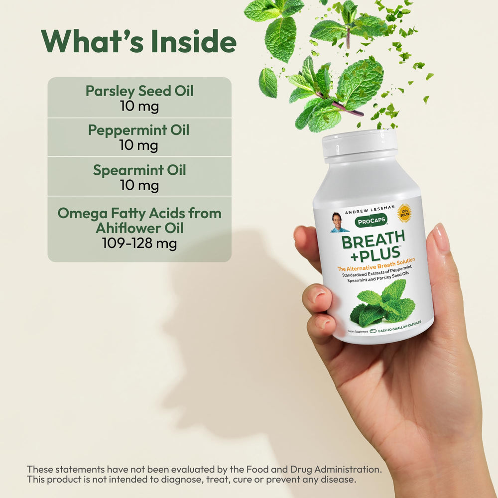 Andrew Lessman Breath Plus 360 softgels softgels closeup highlighting gentle delivery