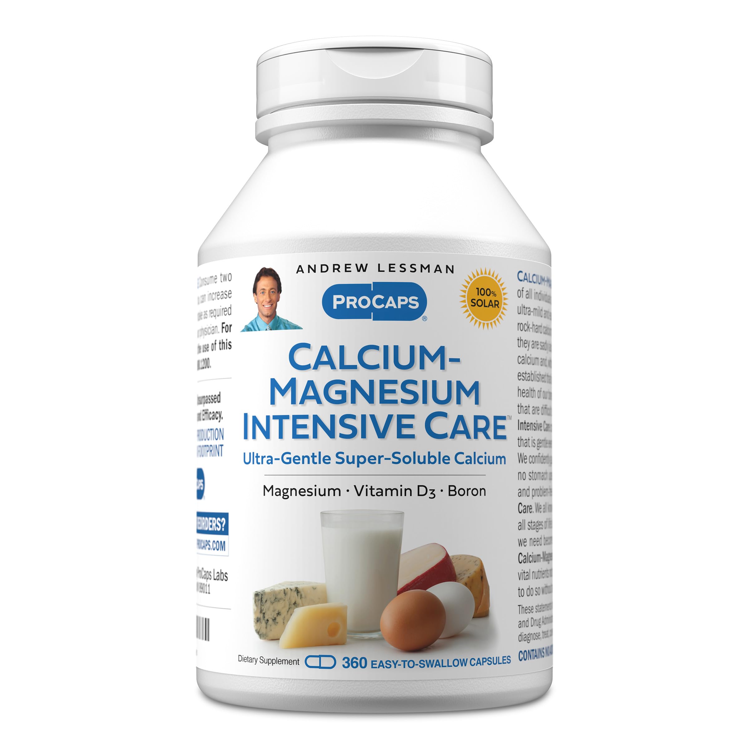 Andrew Lessman Calcium Magnesium Intensive Care bottle pour shows easy-to-sip capsules for daily mineral balance.