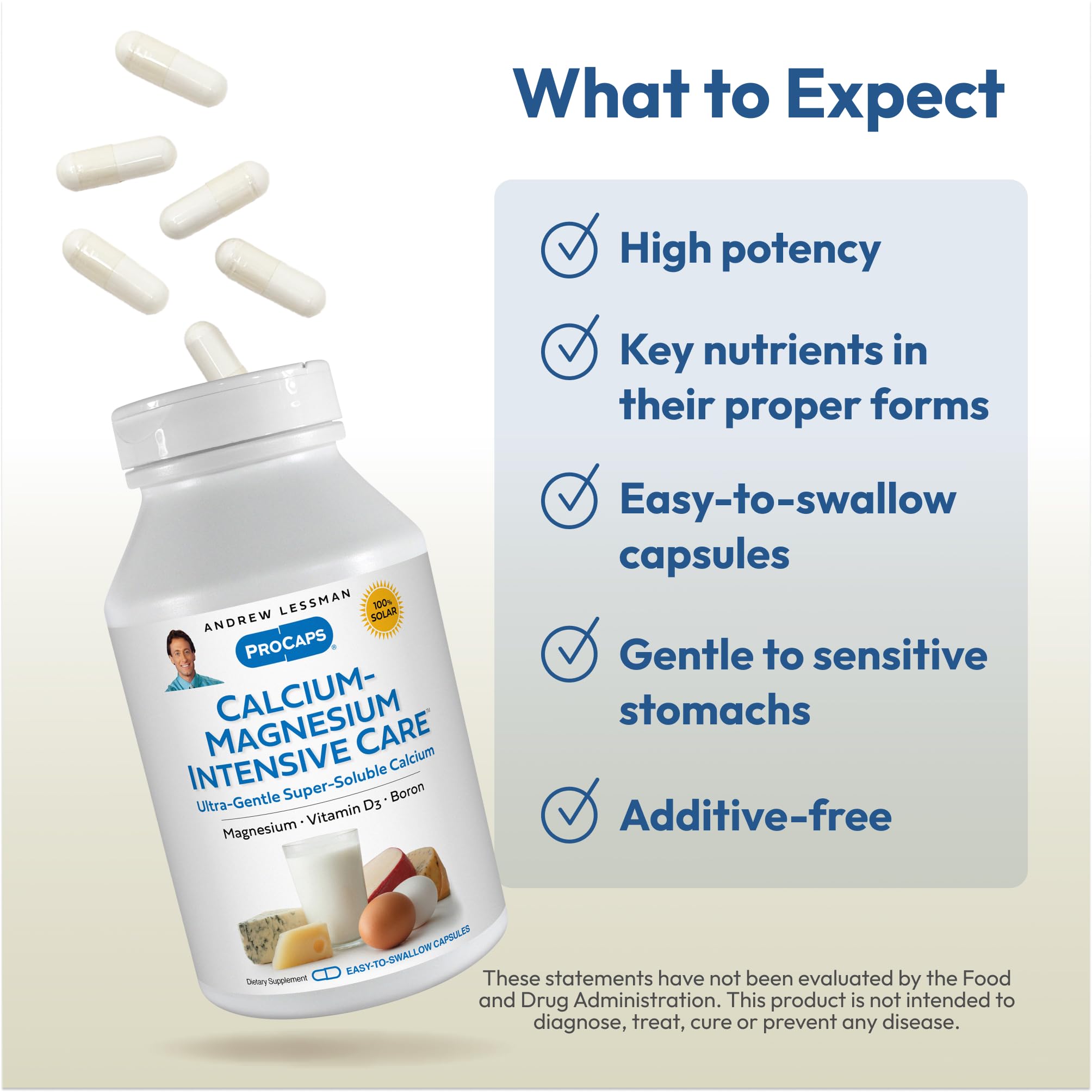 Andrew Lessman Calcium Magnesium Intensive Care dairy-free, gluten-free formula supports dietary flexibility.