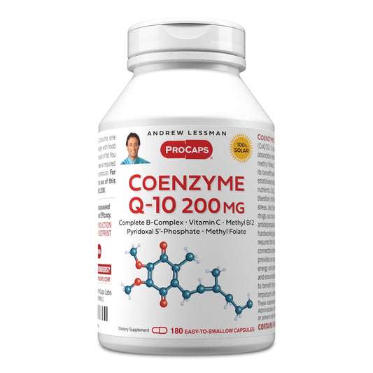 ANDREW LESSMAN CoQ10 200 mg bottle front suggests daily energy support potential.
