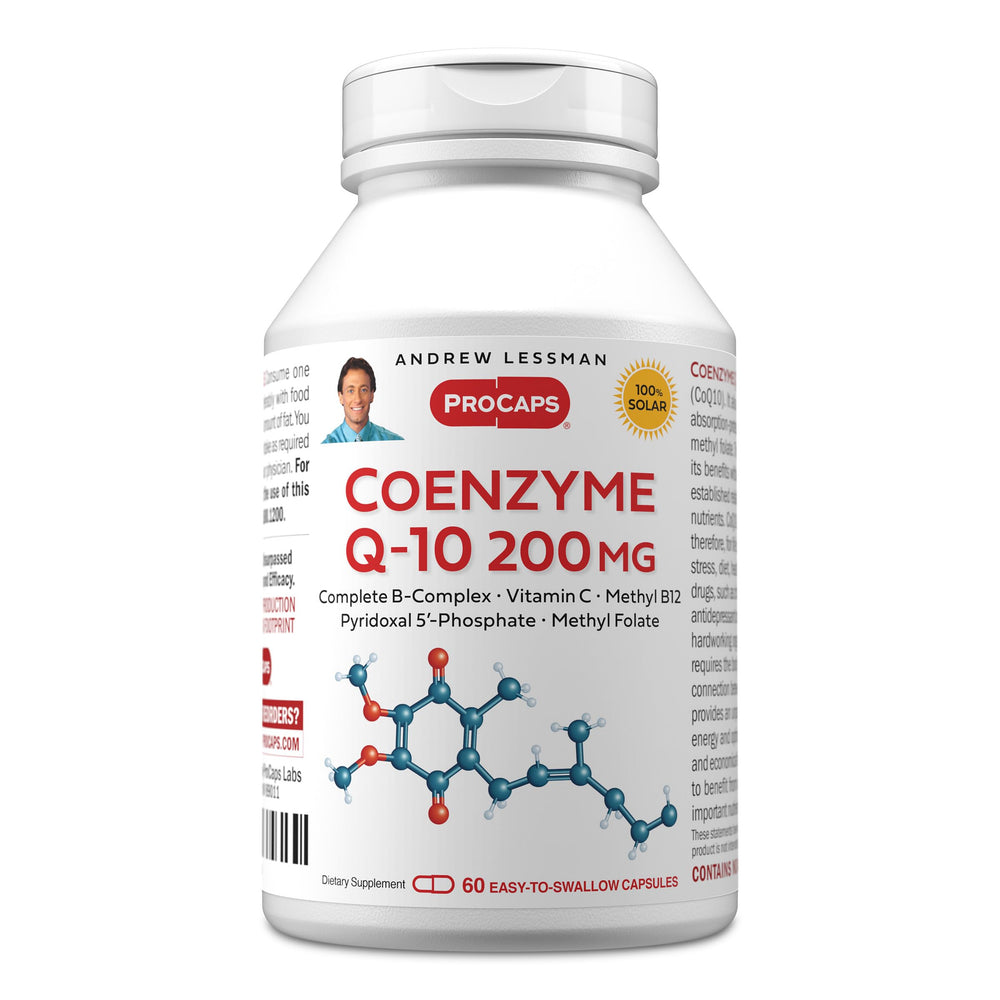 ANDREW LESSMAN CoQ10 200 mg bottle on counter supports daily energy and routine.