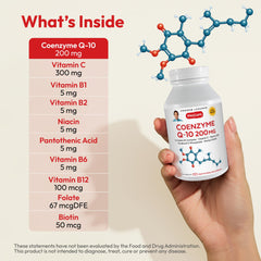 Closeup of ANDREW LESSMAN CoQ10 label highlights B-complex and vitamin C.