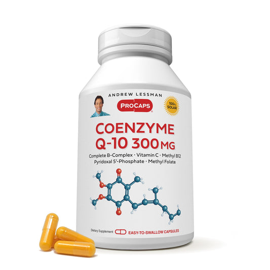 ANDREW LESSMAN CoQ10 300 mg bottle on desk suggesting energy and vitality support.