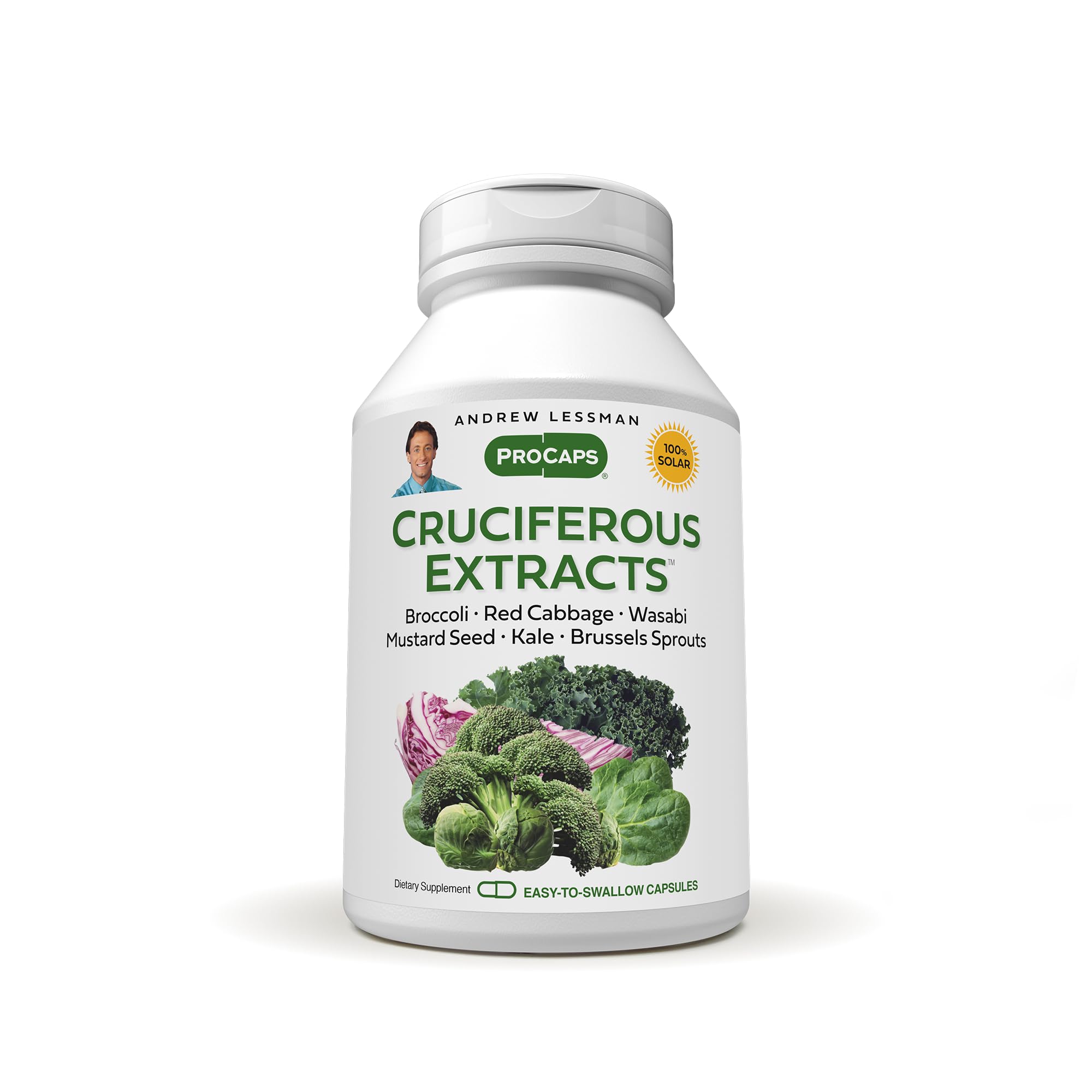 Andrew Lessman Cruciferous Extracts bottle highlighting high glucosinolates for daily wellness.