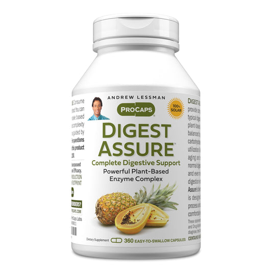 Andrew Lessman Digest Assure bottle front view with compact vegetarian enzyme capsules.