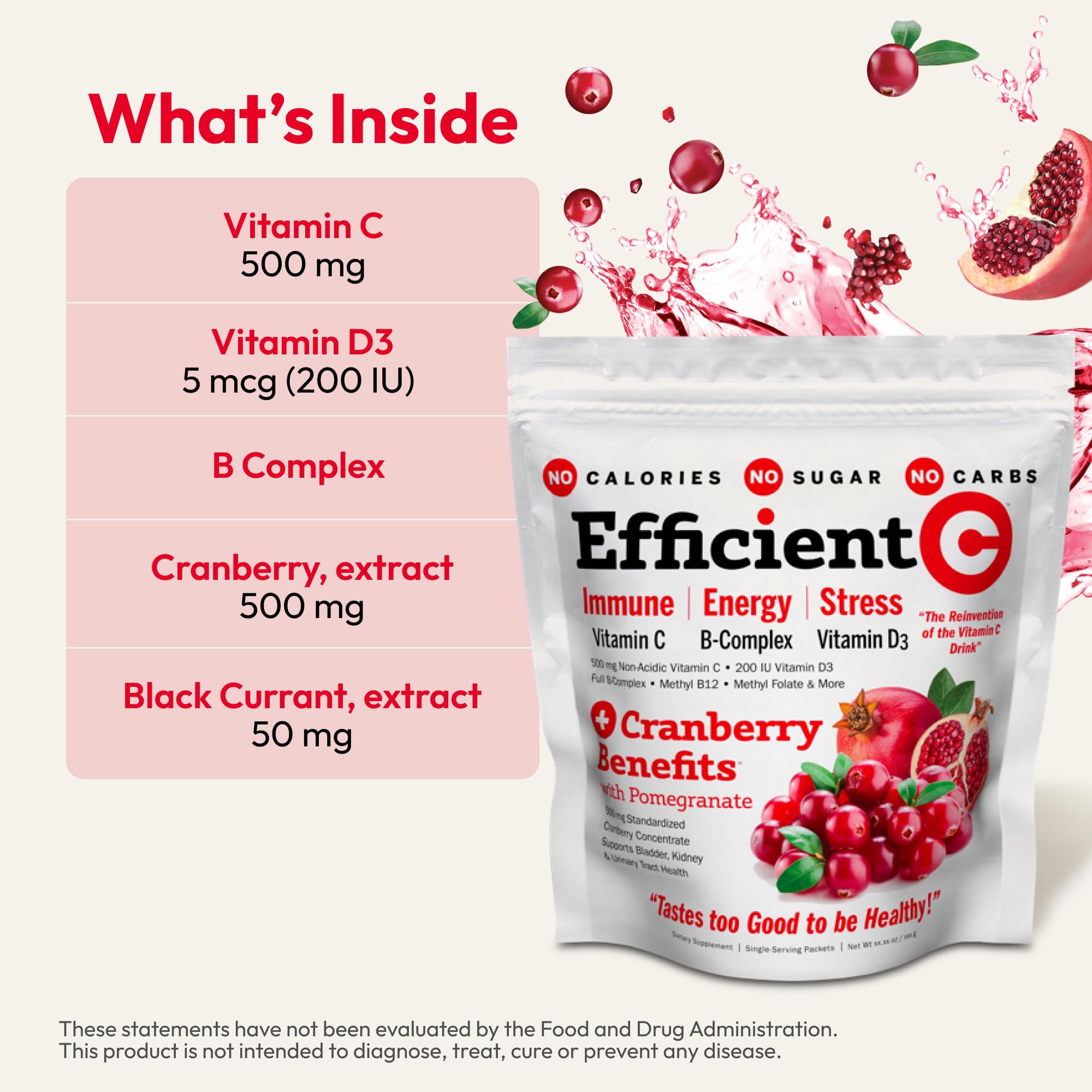 Close-up of Andrew Lessman Efficient C + Cranberry ingredients blend with vitamin C and cranberry