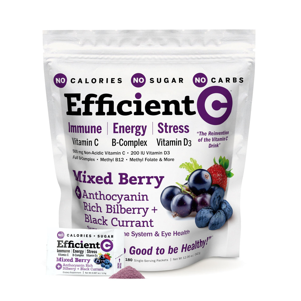 Andrew Lessman Efficient C Mixed Berry bottle shows 90 packets for convenient daily immune and energy support.