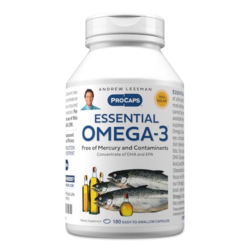 Andrew Lessman Essential Omega-3 unflavored softgels bottle supports heart and brain health.