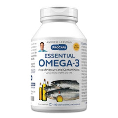 Andrew Lessman Essential Omega-3 unflavored softgels bottle supports heart and brain health.