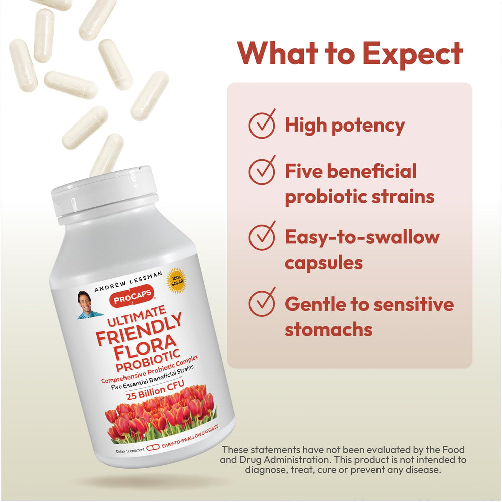 Andrew Lessman five strains chart highlights diverse probiotic profile.