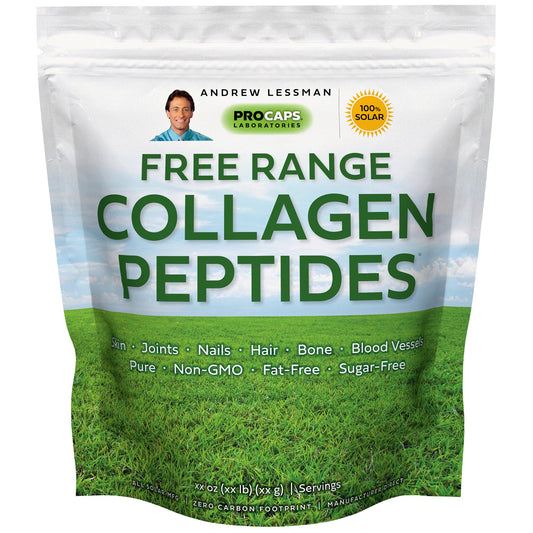 Andrew Lessman Free Range Collagen Peptides bottle highlights purity for skin and joints.