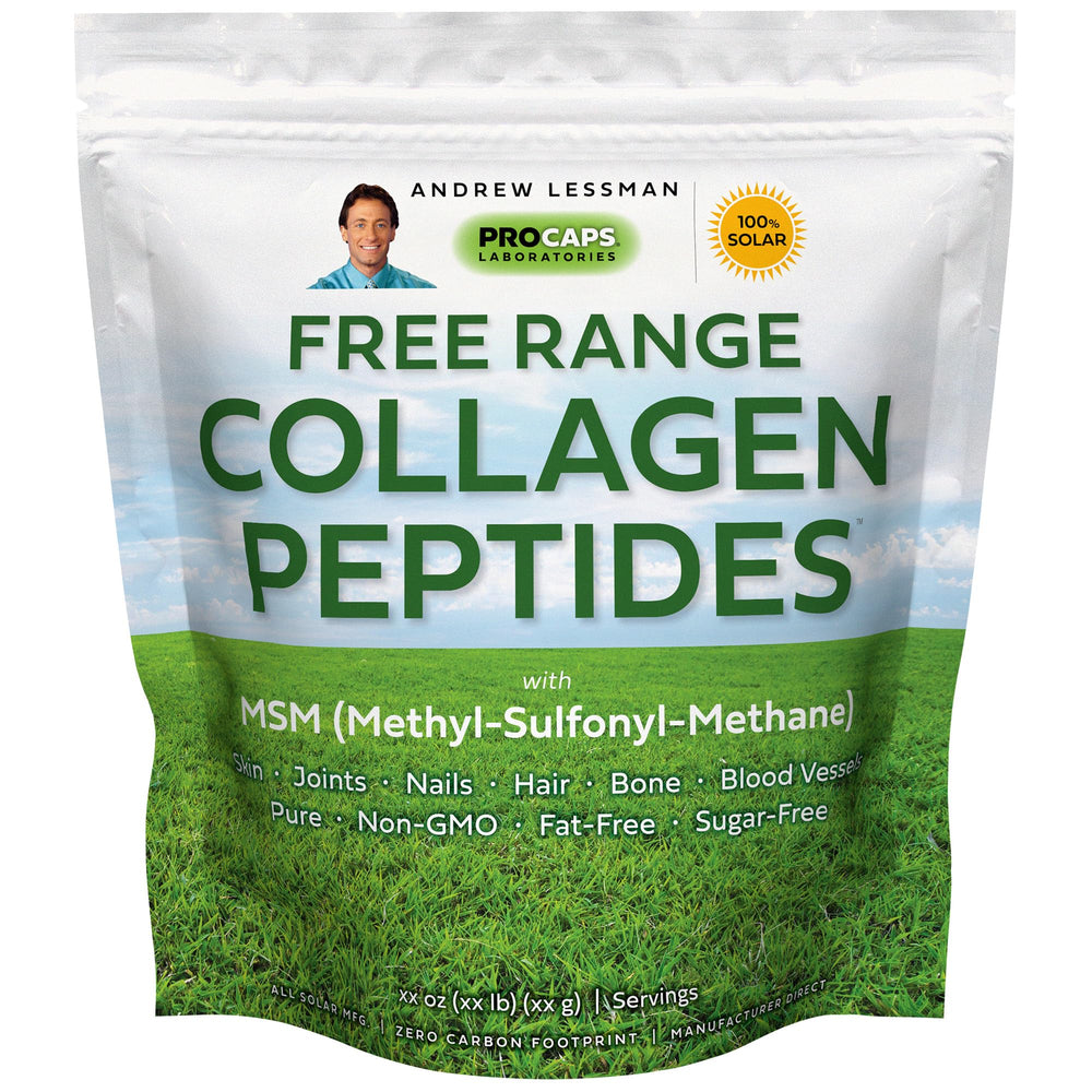ANDREW LESSMAN Free Range Collagen Peptides bottle on shelf supports skin and joints