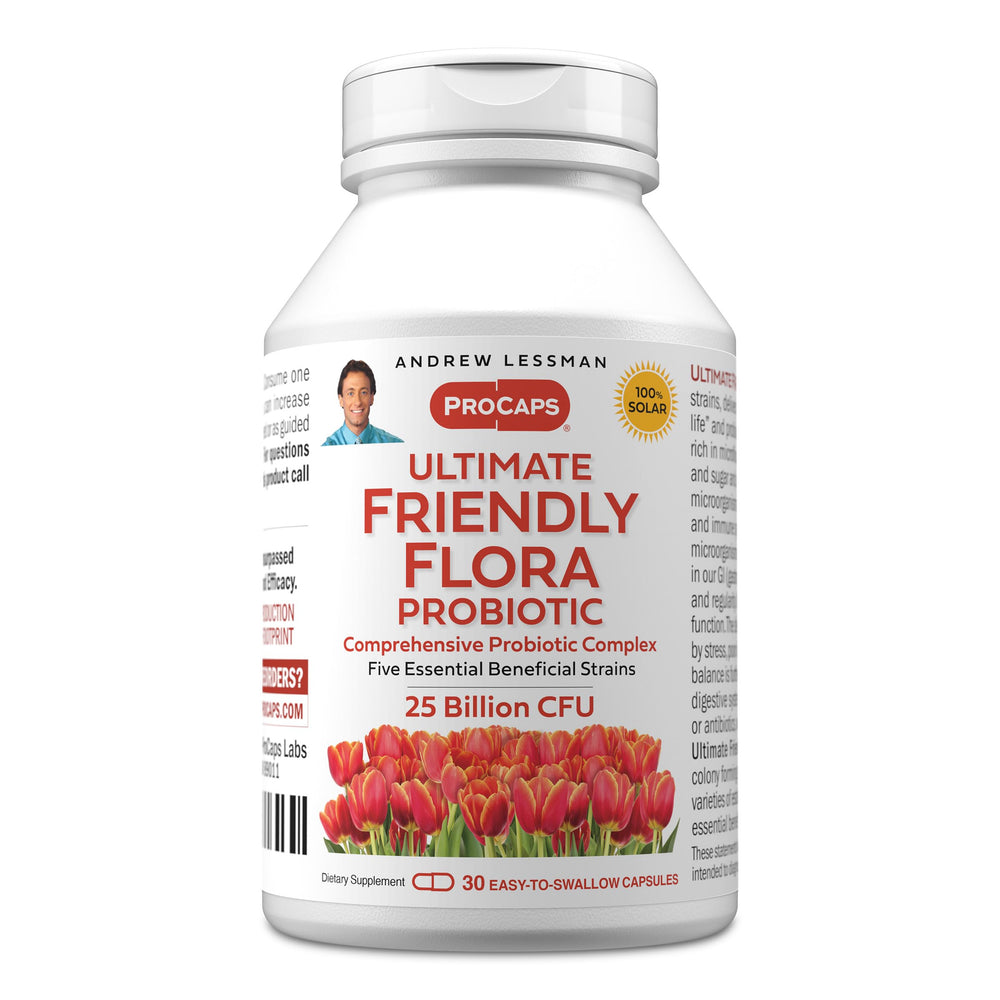 ANDREW LESSMAN Ultimate Friendly Flora cap close-up hints at digestive balance support.