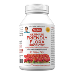 ANDREW LESSMAN Ultimate Friendly Flora cap close-up hints at digestive balance support.