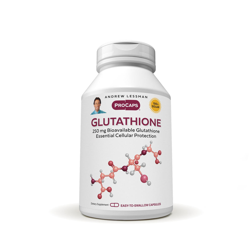 Andrew Lessman Glutathione 250 mg bottle on shelf highlights bioavailable antioxidant support.