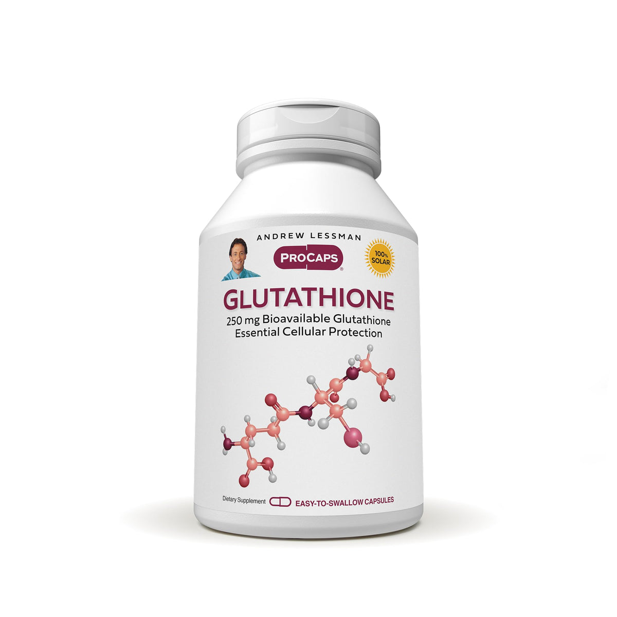 Andrew Lessman Glutathione 250 mg bottle on shelf highlights bioavailable antioxidant support.