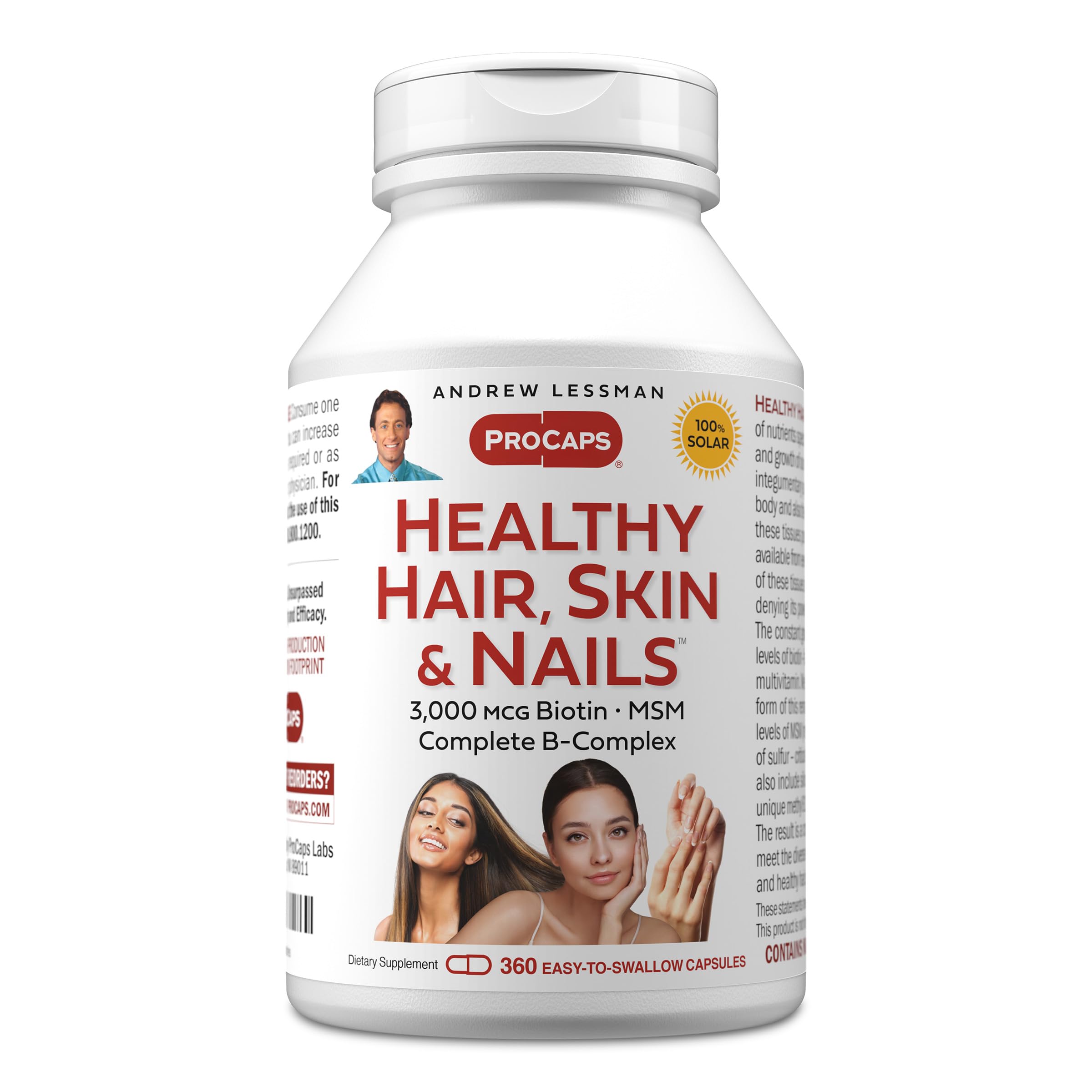 Andrew Lessman Healthy Hair, Skin & Nails bottle showing high-bioactivity biotin capsules for beauty support.