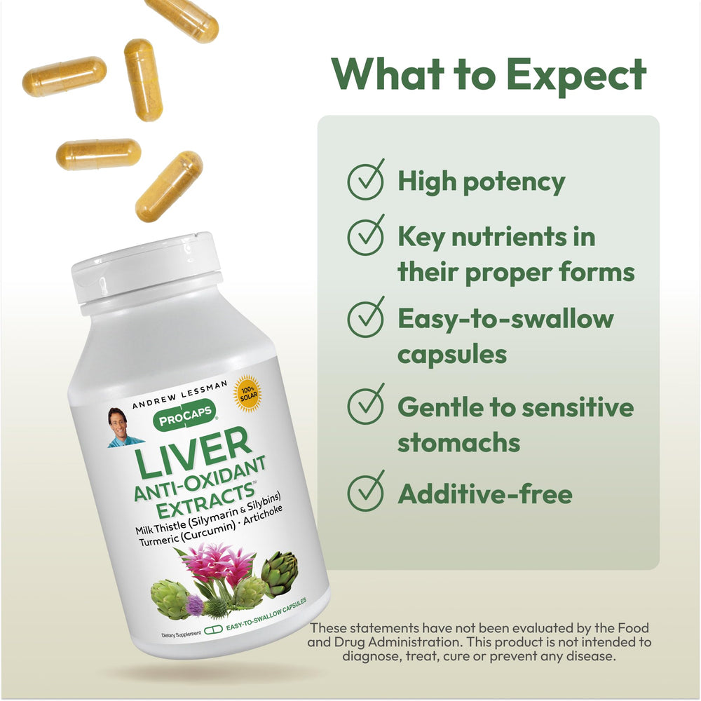 Andrew Lessman Liver Anti-Oxidant Extracts bottle pour demonstrates easy dosing for daily liver support.