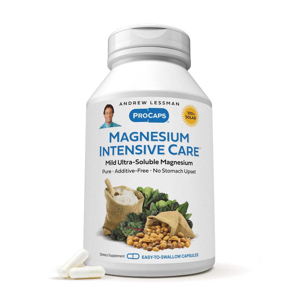 Andrew Lessman Magnesium Intensive Care capsules on a clean surface, gentle on sensitive stomachs for daily use.