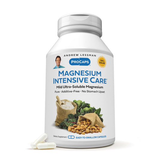 Andrew Lessman Magnesium Intensive Care capsules on a clean surface, gentle on sensitive stomachs for daily use.