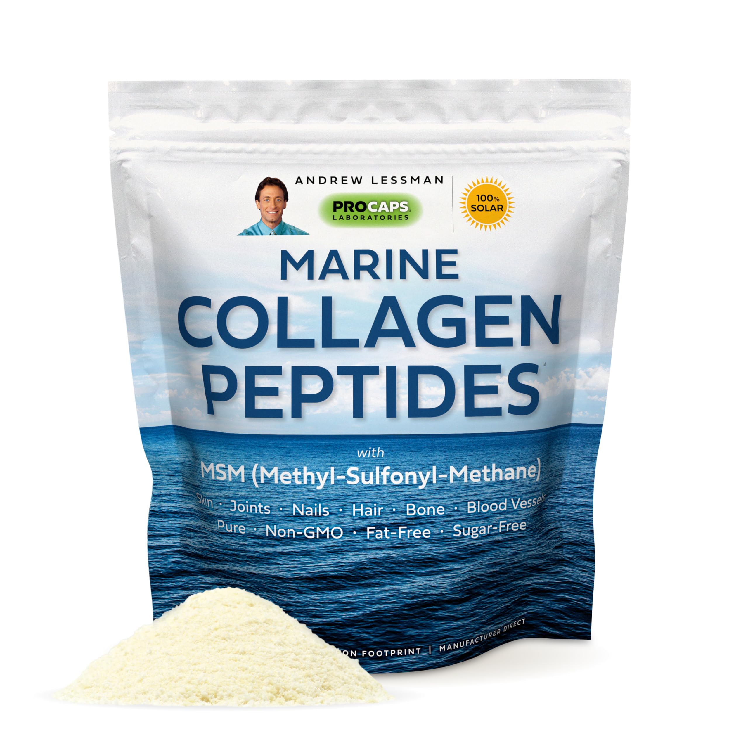 Andrew Lessman Marine Collagen Peptides powder bottle showing flavor-neutral mixability for daily use