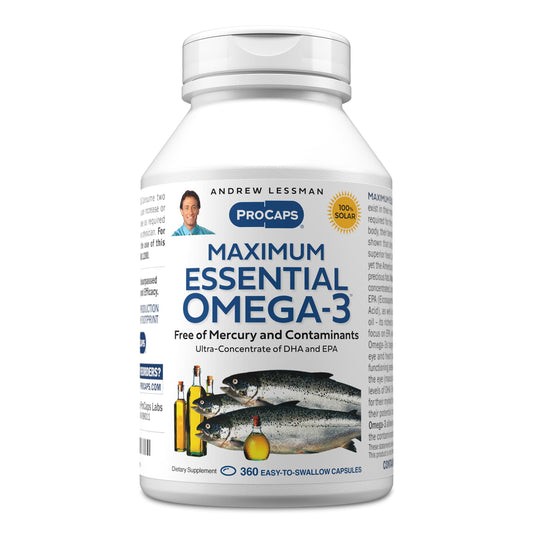 Andrew Lessman Maximum Essential Omega-3 bottle showcases premium capsules for daily support.