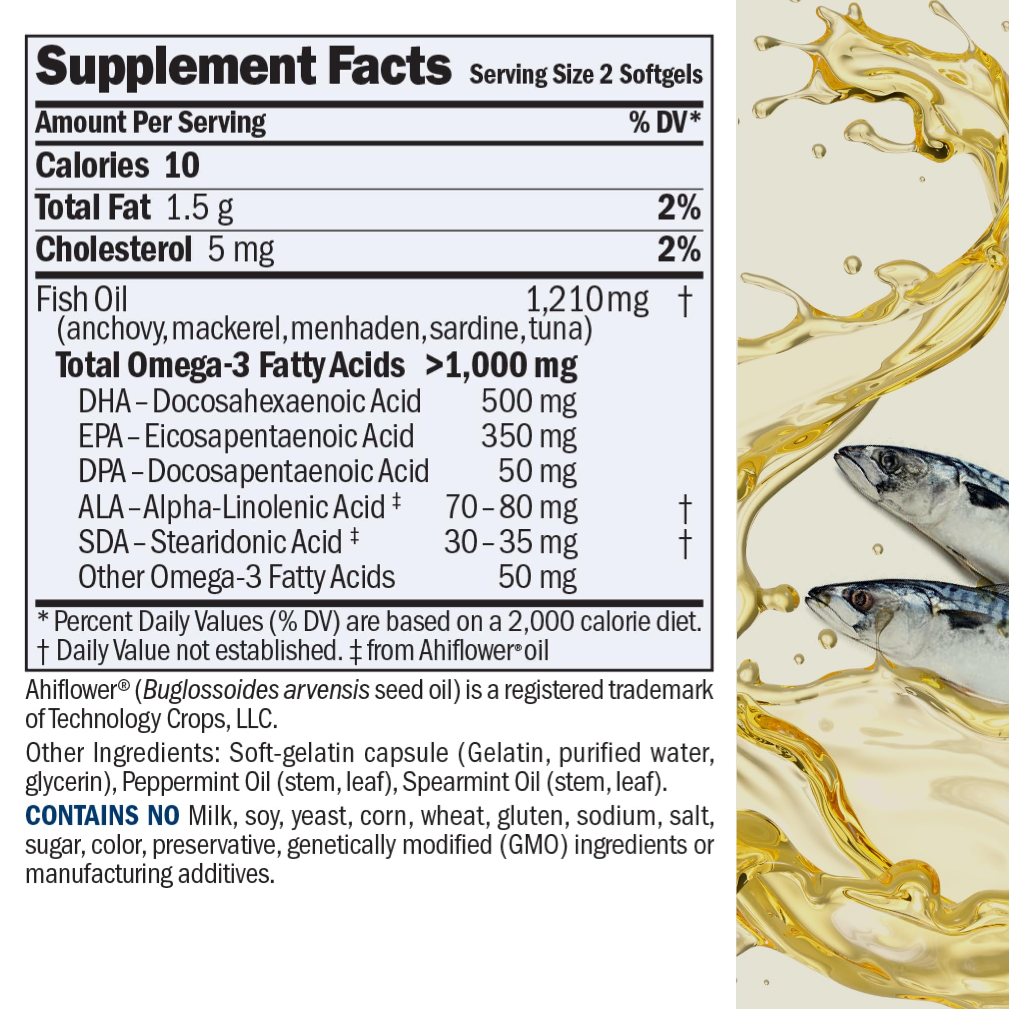 Andrew Lessman Maximum Essential Omega-3 Mint bottle side panel, easy dosage.