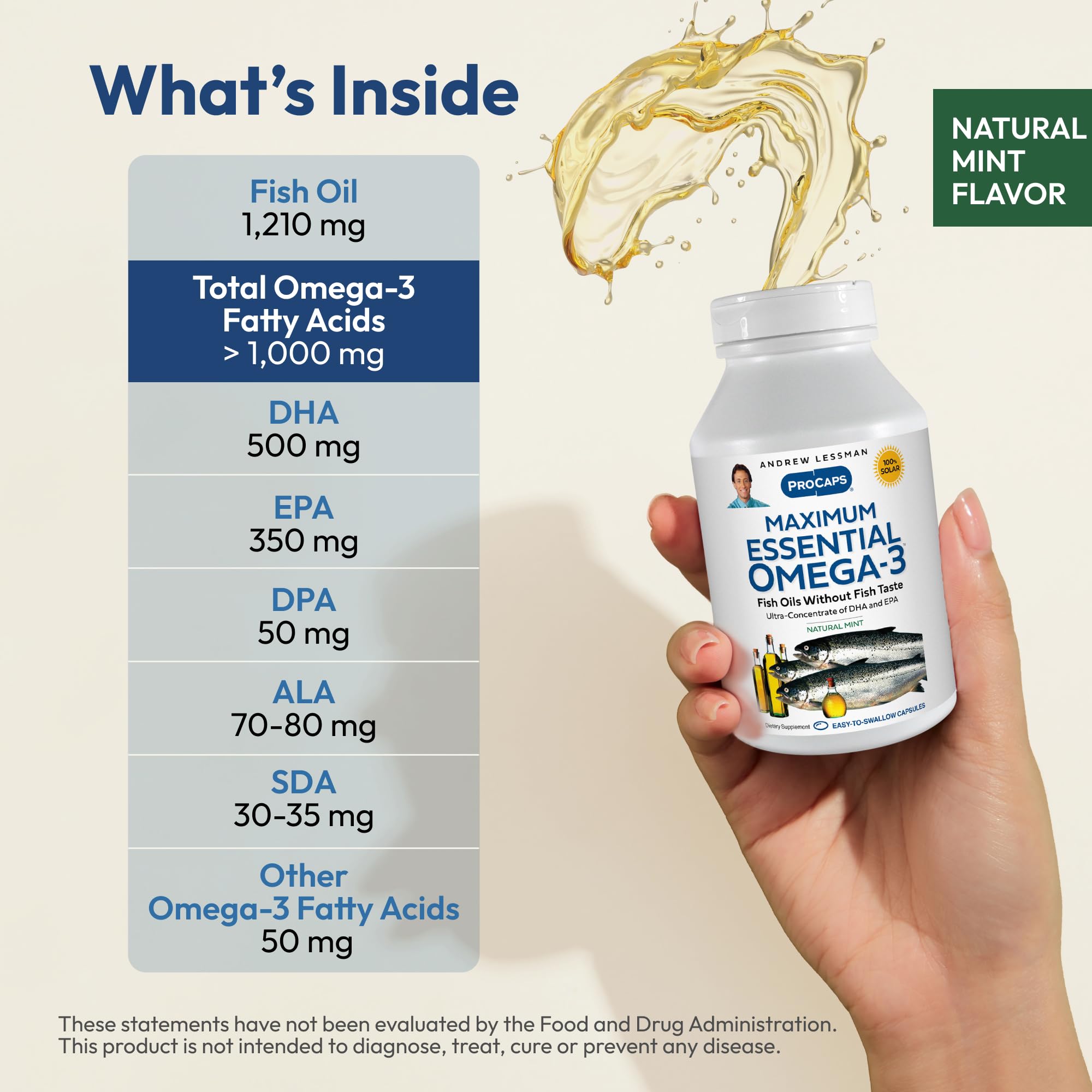 Close-up of Andrew Lessman Omega-3 Mint softgels, easy to swallow.