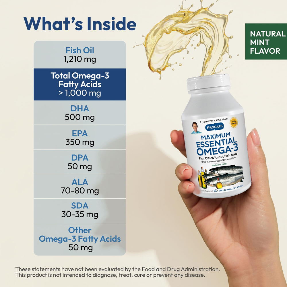Close-up of Andrew Lessman Omega-3 Mint softgels, easy to swallow.