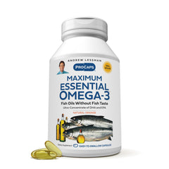 ANDREW LESSMAN Maximum Essential Omega-3 Orange bottle close-up highlighting ultra-pure, high-potency softgels