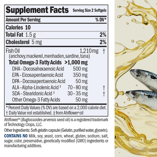 Andrew Lessman Omega-3 softgels close-up highlights small, easy-to-swallow capsules.