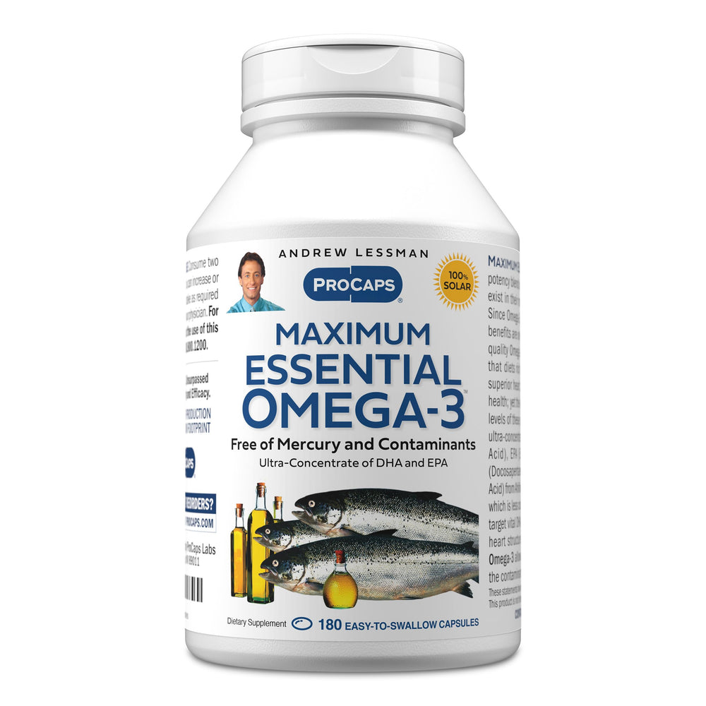 Andrew Lessman Maximum Essential Omega-3 unflavored bottle capsules for daily brain and eye support.