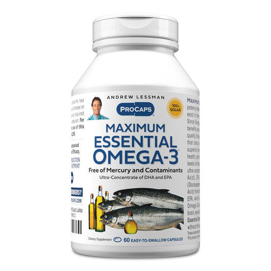 ANDREW LESSMAN Maximum Essential Omega-3 bottle shown for premium unflavored daily-use benefits.