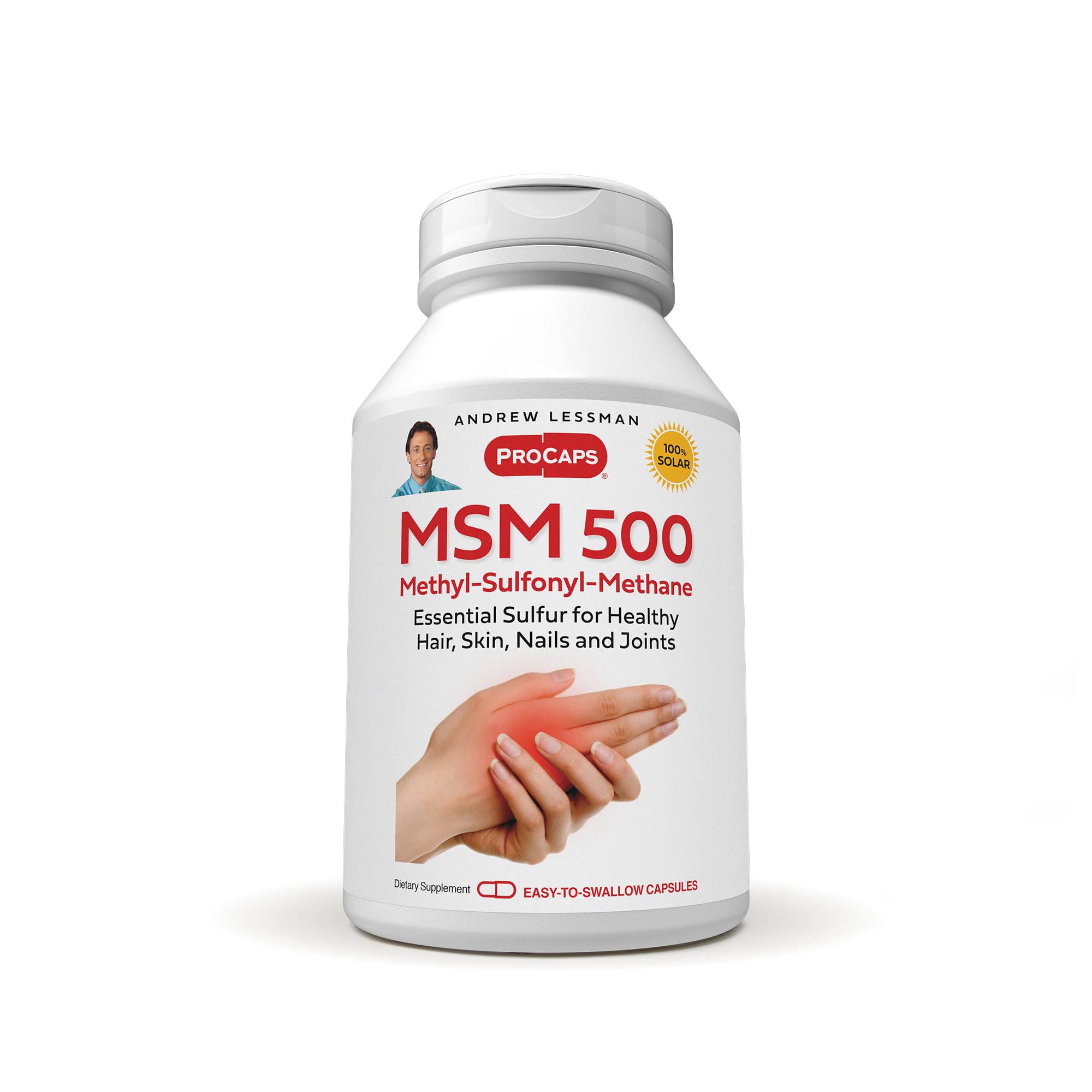 Andrew Lessman MSM 500 capsule close-up highlighting pure organic sulfur for joints and connective tissue.